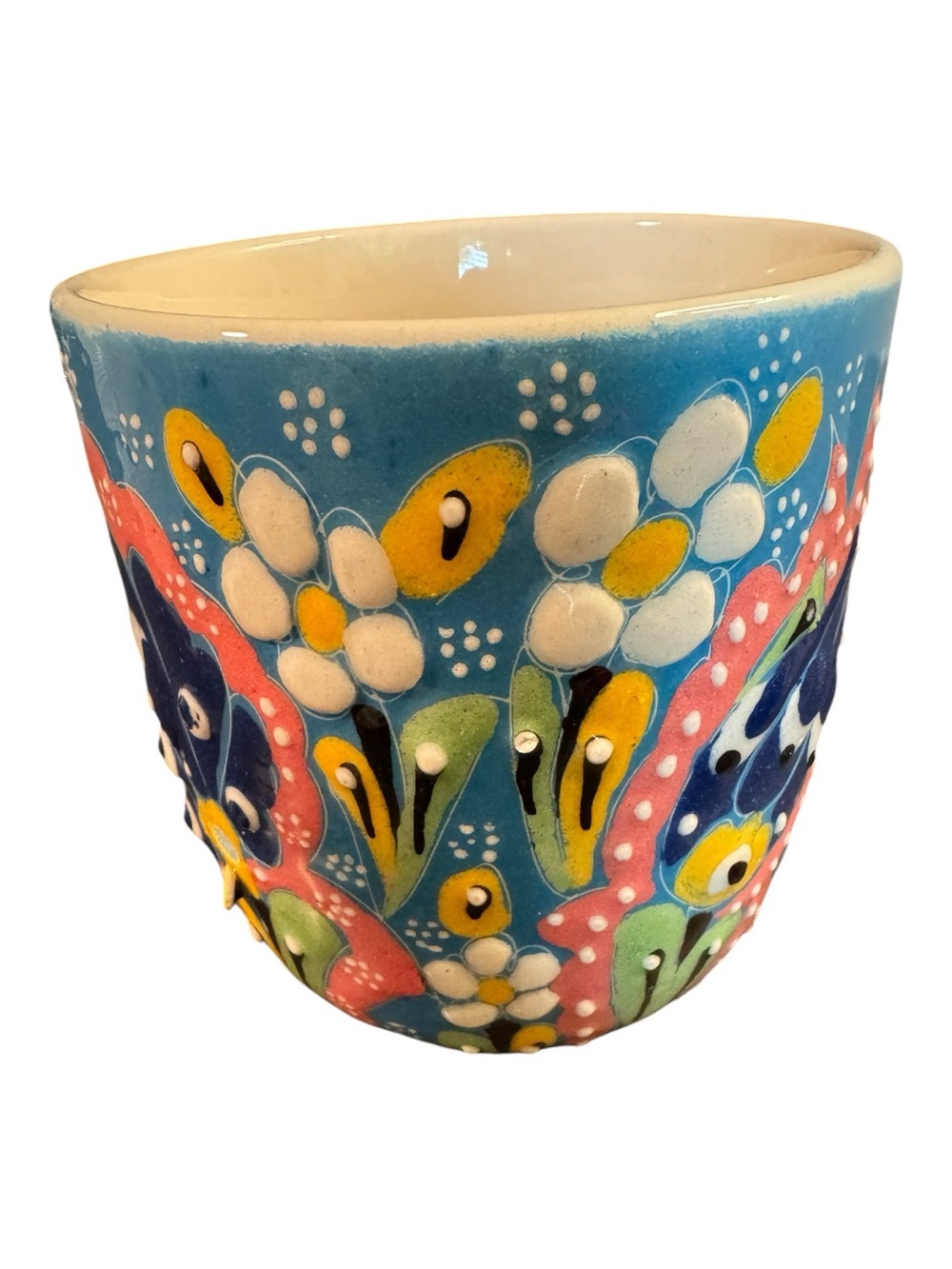 Handcrafted Turkish Ceramic Floral Mug Blue Pink Yellow Raised Art Pottery Cup - Picture 2 of 4